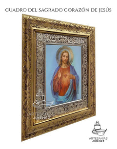 Cuadro Divino Sagrado Corazón De Jesus 45x40 Cm Combinado Oro Y Plata Oro Y Plata
