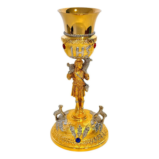 Cáliz para iglesia o capilla JHS clavos y uvas, de latón con copa de alpaca y baño de oro, hecho a mano en México