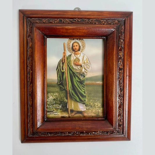 Cuadro de San Judas Tadeo, acabado nogal, hecho a mano en México