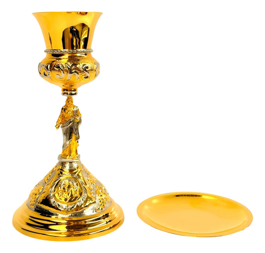 Cáliz Sagrado Corazón de Jesús y patena rostro Cristo JHS, con baño de oro, hecho a mano en México