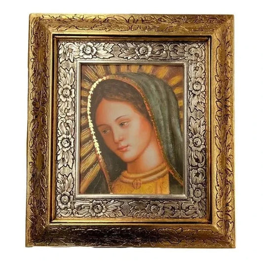 Cuadro del rostro de la Virgen de Guadalupe, 45x40 cm, acabado combinado oro y plata