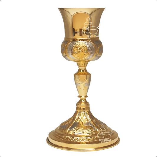 Cáliz para iglesia o capilla con patena vaso sagrado, de latón con baño de oro, hecho a mano en México