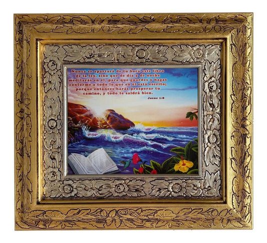 Cuadro con la cita de Josué 1:8, 45x40 cm, acabado combinado oro y plata