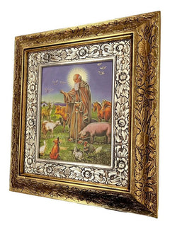 Cuadro Religioso San Antonio Abad Con Marco  Artesanías Jiménez Combinado Oro Plata Oro Plata