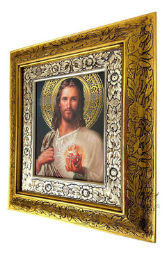 Cuadro Sagrado Corazon De Jesus 45x40 Cm V2 Combinado Oro Y Plata / Oro Y Plata V3 Dorado Con Plateado