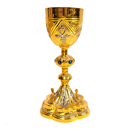 Cáliz para ordenación sacerdotal, de latón con copa de alpaca y baño de oro, hecho a mano en México