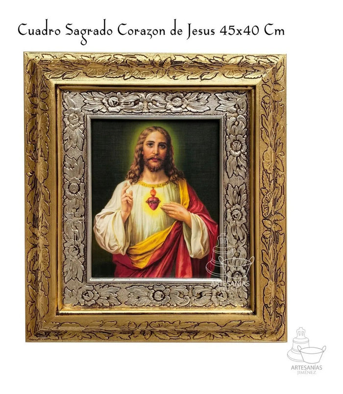 Sacred Heart of Jesus Framed Picture 45x40 cm, Gold & Silver