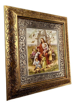 Cuadro Jesús Y Los Niños 45x40 Cm A#1 Combinado Oro Y Plata Oro Y Plata