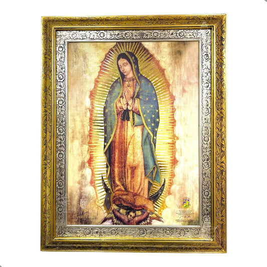 Cuadro religioso de la Virgen de Guadalupe con marco, 90x70 cm, acabado oro y plata