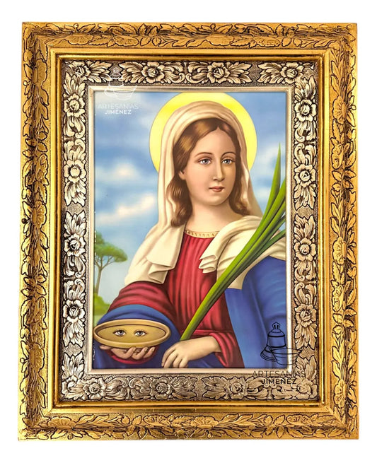 Cuadro de Santa Lucía de 60x47 cm, acabado combinado oro y plata, hecho a mano en México