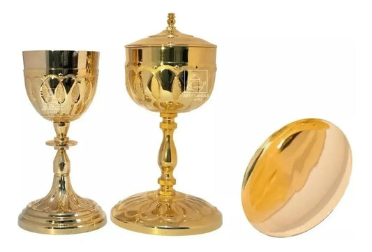 Cáliz copón y patena para iglesia o capilla litúrgico, de latón con baño de oro, hecho a mano en México