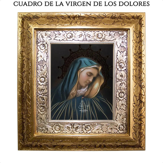 Cuadro de la Virgen de los Dolores, 45x40 cm, acabado combinado oro y plata, hecho en México