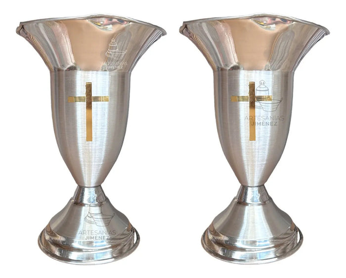 Church Altar Vases Pair 40 cm, Silver, Tulip & Cross