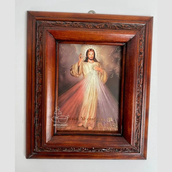 Cuadro del Señor de la Misericordia, acabado nogal, hecho a mano en México