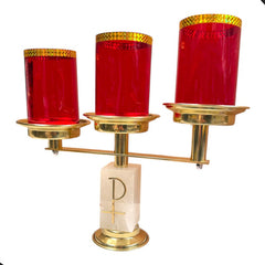 Candeleros De Tres Luces (2 Piezas) Cuadrados Con Pantallas Simbolo P Crismon Pantallas Rojas