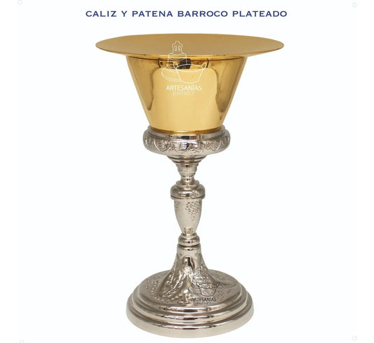 Cáliz y patena para iglesia o capilla barroco plateado, de latón, hecho a mano en México