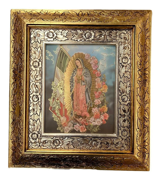 Cuadro de la Virgen de Guadalupe con la bandera de México, 45x40 cm, acabado oro y plata