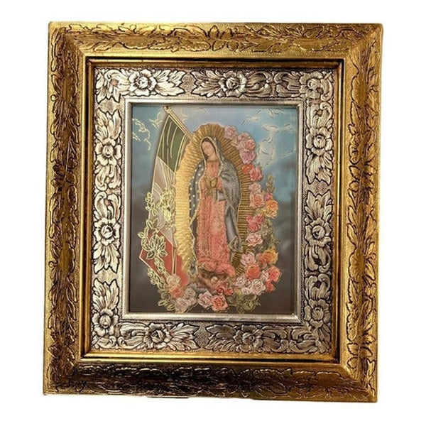 Our Lady of Guadalupe & Mexico Flag Picture 45x40 cm - Gold & Silver