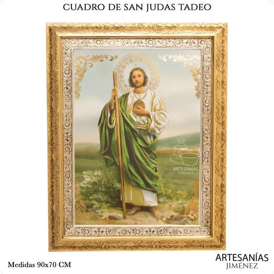 Cuadro de San Judas Tadeo, 90x70 cm, acabado combinado oro y plata, hecho a mano en México