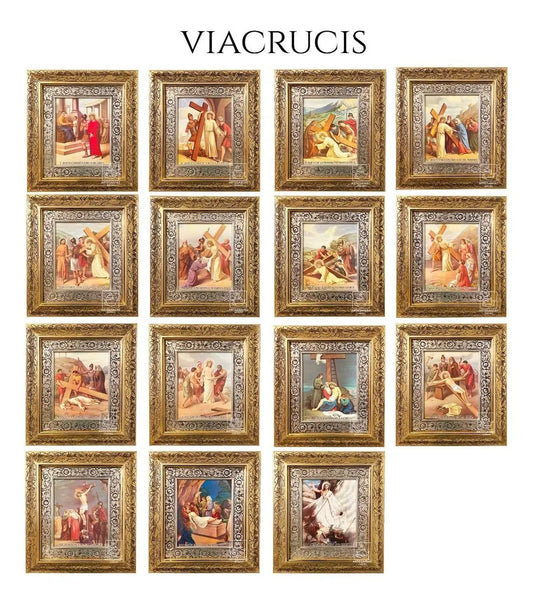 Vía crucis de 15 piezas, 45x40 cm, acabado combinado oro y plata, hecho a mano en México