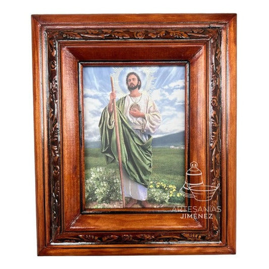 Cuadro de San Judas Tadeo, acabado nogal, hecho a mano en México