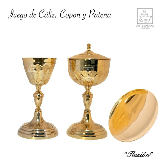 Cáliz copón y patena para iglesia o capilla litúrgico, de latón con baño de oro, hecho a mano en México