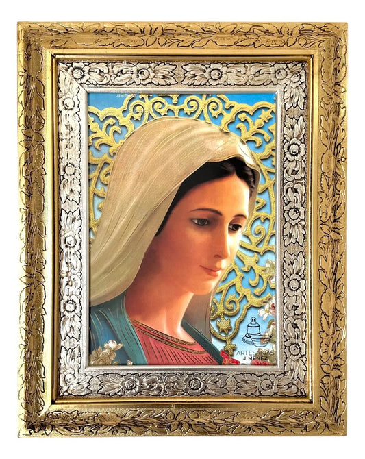 Cuadro de la Virgen de la Paz de 60x47 cm, acabado combinado oro y plata, hecho a mano en México