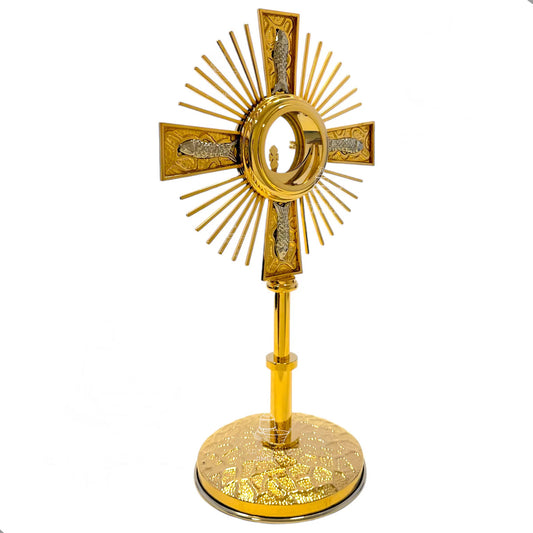 Custodia litúrgica del Santísimo de 55 cm, en alpaca y bronce con baño de oro, hecha a mano en México