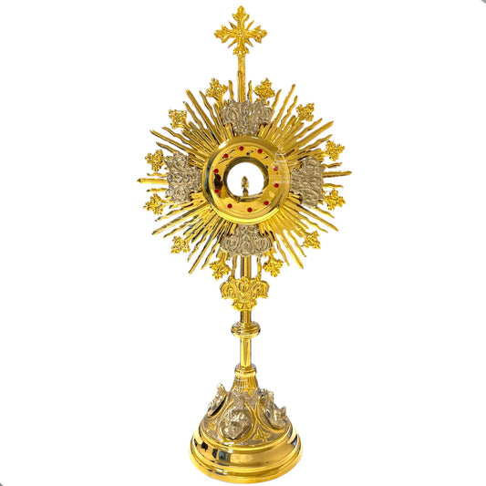 Custodia tradicional del Santísimo de 75 cm, modelo bustos, en latón con baño de oro, hecha a mano en México