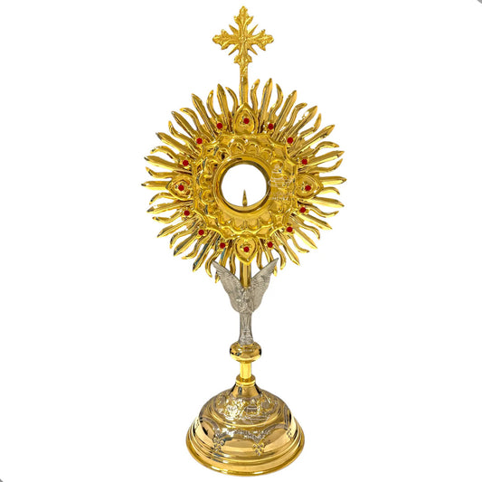 Custodia eucarística de 66 cm, modelo ángel custodio, con baño de oro, hecha a mano en México