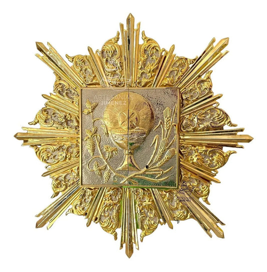Sagrario con resplandor de 87x87 cm, expositor y baño de níquel y oro, hecho a mano en México