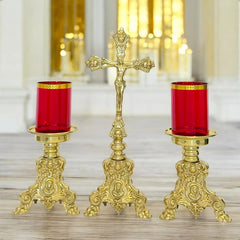 Candeleros Y Cruz Barroco Pie Leon Vasos Rojos Cruz De 49 Cm Bronce