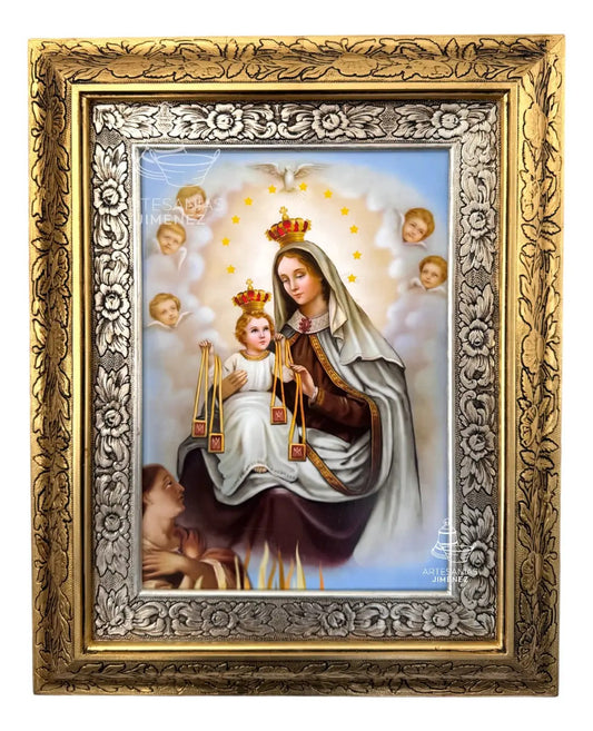 Cuadro de la Virgen del Carmen con ángeles, 60x47 cm, acabado combinado oro y plata