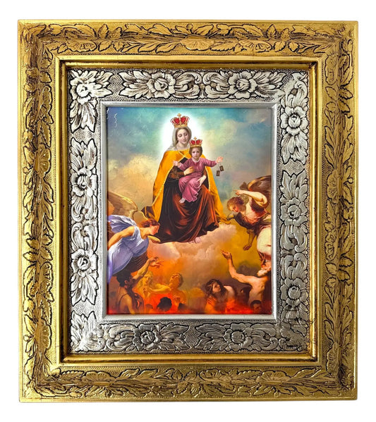 Cuadro de la Virgen del Carmen de 45x40 cm, acabado combinado oro y plata, hecho a mano en México