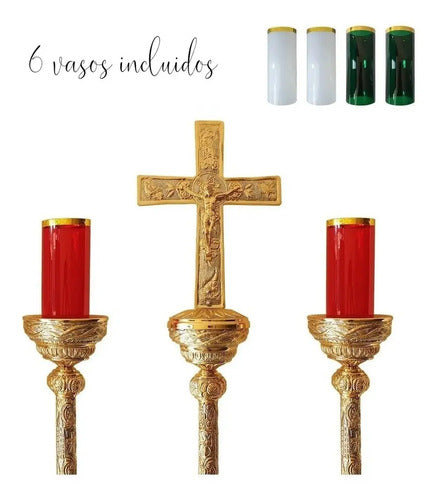 Cirial Y Cruz Alta Procesional Bañado En Oro Mas 8 Vasos