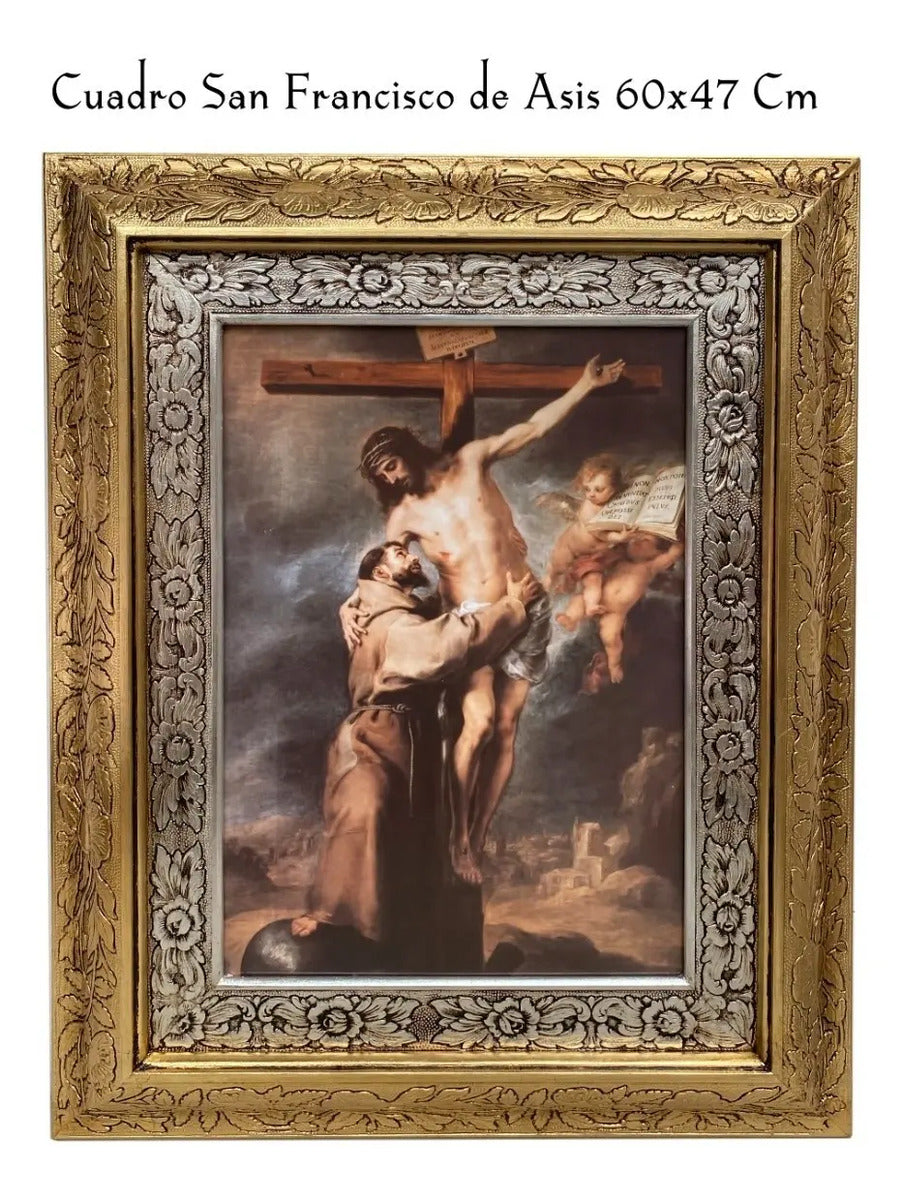 Cuadro de San Francisco de Asís de 60x47 cm, acabado combinado oro y plata, hecho a mano en México