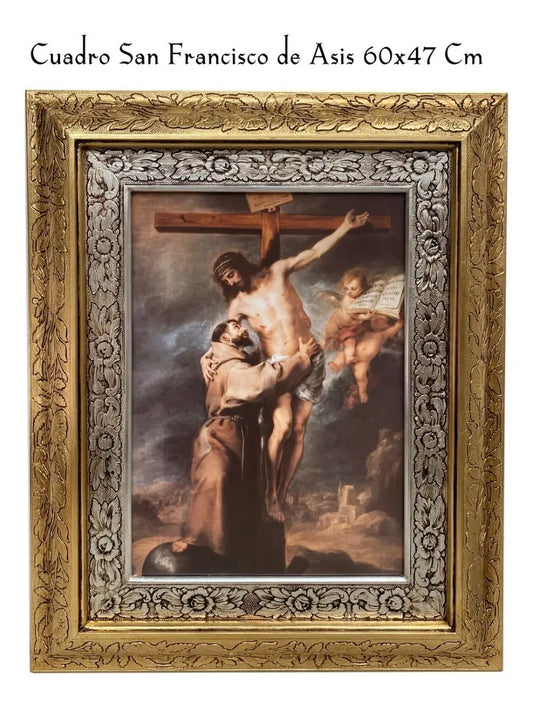 Cuadro de San Francisco de Asís de 60x47 cm, acabado combinado oro y plata, hecho a mano en México