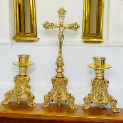 Candeleros Y Cruz De Mesa Barroco Pie De Leon Portavela Bronce