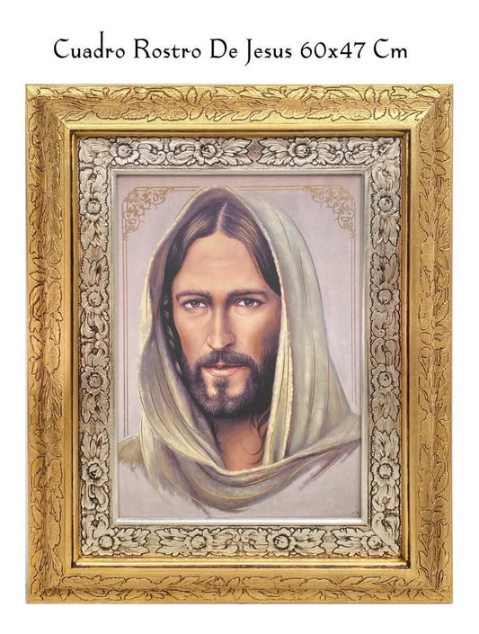 Cuadro del rostro de Jesús de 60x47 cm, acabado combinado oro y plata, hecho a mano en México