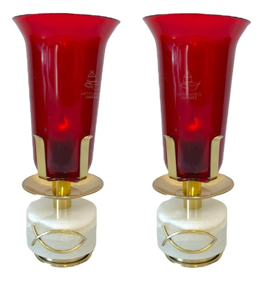 Candeleros eléctricos para el Santísimo, redondos, ónix y latón dorado, hecho a mano en México