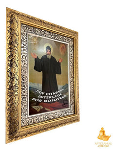 Cuadro San Charbel 60x47 Cm Con Frase Combinado Oro Y Plata Oro Y Plata