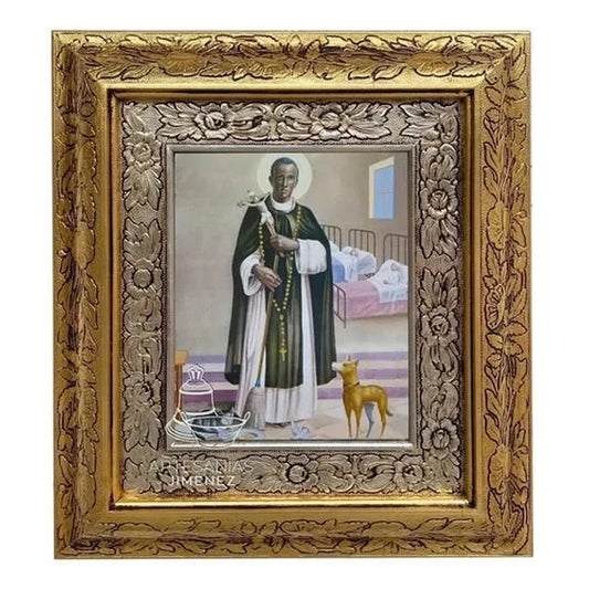 Cuadro de San Martín de Porres, 45x40 cm, acabado combinado oro y plata