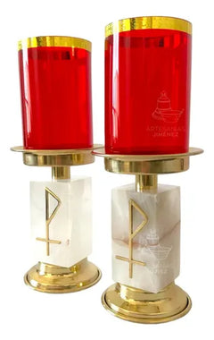 Square Golden Stone Red Glass Altar Table Candlesticks