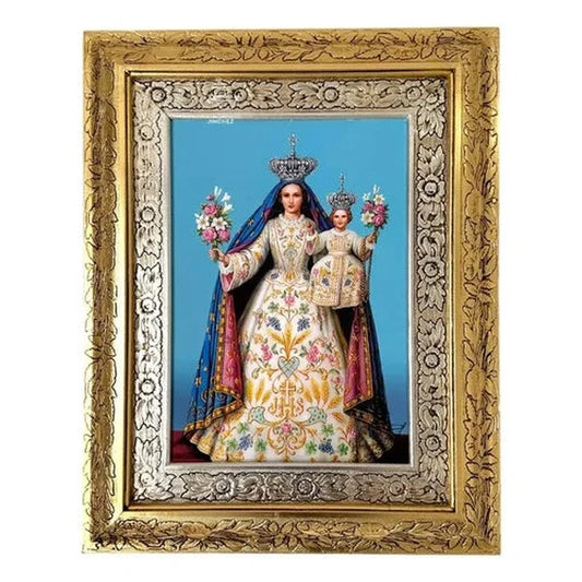 Cuadro de la Virgen de la Candelaria de 60x47 cm, acabado combinado oro y plata