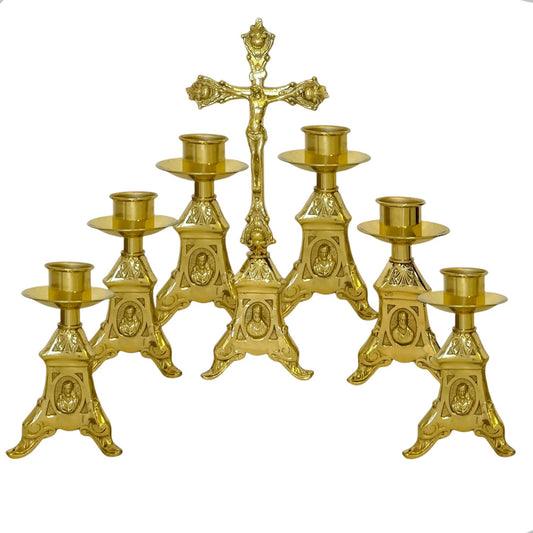 Juego de 6 candeleros y cruz de mesa modelo barroco de bronce, hecho a mano en México