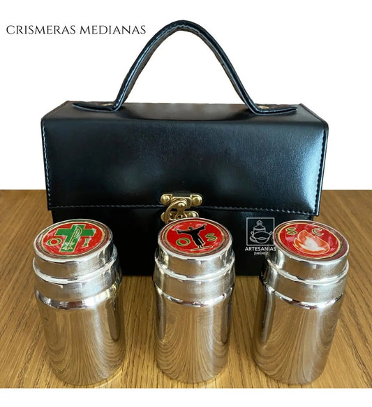 Crismeras medianas para los santos óleos, latón bañado en níquel, hechas a mano en México