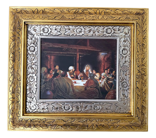 Cuadro de madera de la Última Cena, 45x40 cm, acabado combinado oro y plata, hecho en México