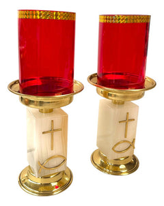 Candeleros De Mesa Para Altar Con Vaso Rojo Piedra Cuadrada Pez Y Cruz Pez Cruz