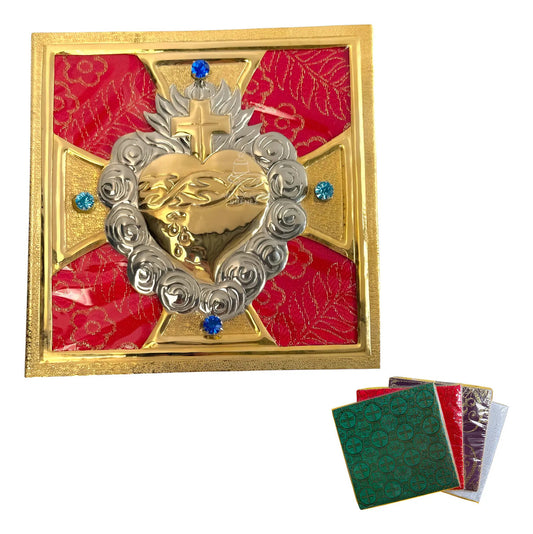 Porta palia y juego de palias con el Sagrado Corazón, acabado combinado, hecho a mano en México