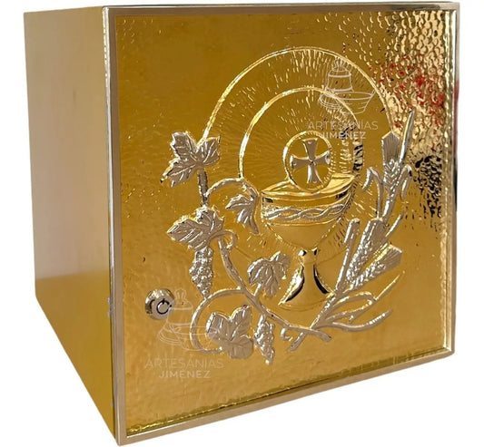 Sagrario modelo Eucaristía de 30x30 cm con baño de níquel y oro, hecho a mano en México